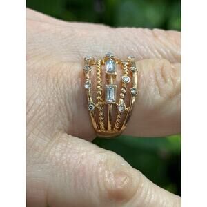 Oxidized Gold Tone Layered Multi Band Ring Baguette Crystal Statement, Elegant ￼